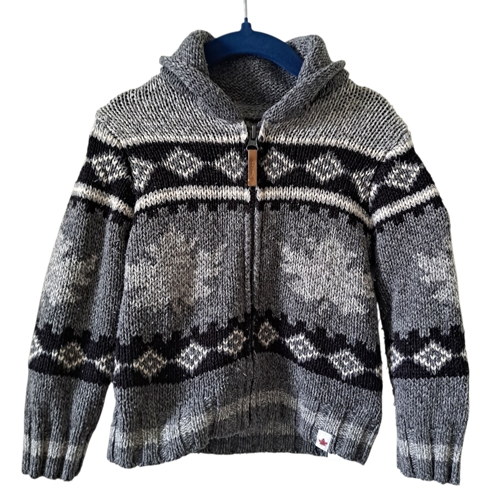 3/25$ Canadiana Knit Zip Cardigan Sweater – Canada Graphic – Grey & Black – 3T